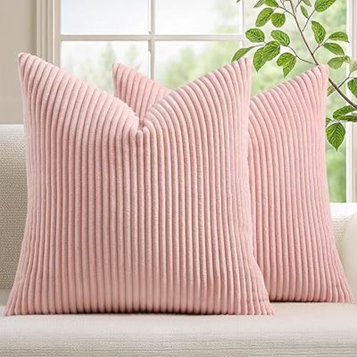 Mecatny Corduroy Decorative Throw Pillow Covers 16x16 Set of 2 for Sofa Bedroom Living Room, Stylish Soft Couch Pillow Covers for Home Decor, Pink