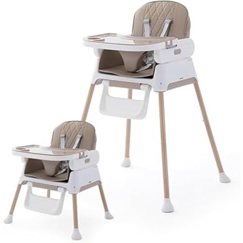 3 in 1 Baby High Chair,Adjustable Convertible Infant Baby Feeding Chair Booster for Eating with Detachable Double Tray,5 Point Harness,Khaki