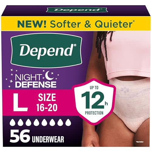 Depend Night Defense Adult Diapers, Incontinence & Postpartum Bladder Leak Underwear for Women, Disposable, Overnight, Large, Blush, 56 Count (4 Packs of 14), Packaging May Vary