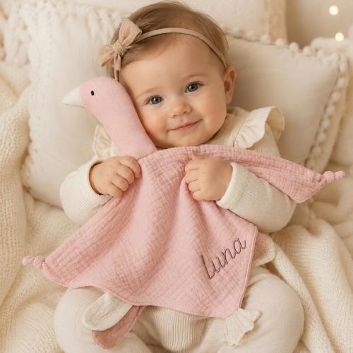 Personalized Goose Comforter Toy, Custom Name Embroidery Baby Lovey, Organic Cotton Muslin Security Blanket, Newborn Baby Shower Gift