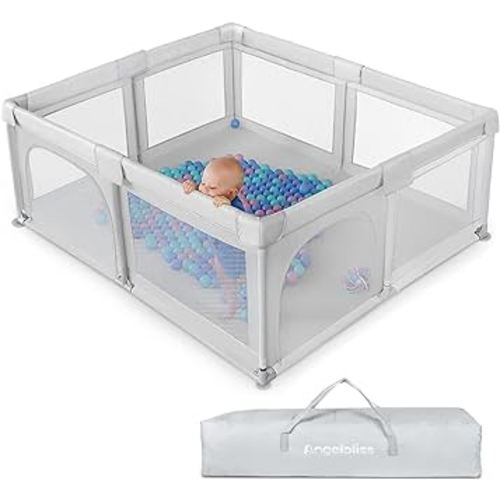 ANGELBLISS Baby Playpen, Large Playard Indoor & Outdoor Kids Activity Center with Anti-Slip Base, Sturdy Safety Play Yard with Breathable Mesh, Kid's Fence for Infants Toddlers(Grey,63”x47”)