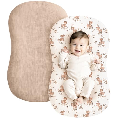 Konssy Muslin Baby Lounger Cover 2 Pack, 100% Cotton Newborn Lounger Cover, Soft and Breathable Lounger Cover for Boys Girls, Covers Only (Deer,Wheat)