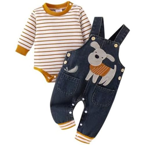 Baby Boy Clothes Fall Winter Outfits Long Sleeve Striped Romper Cute Cartoon Jeans Overalls Pants Set 0-18 Months