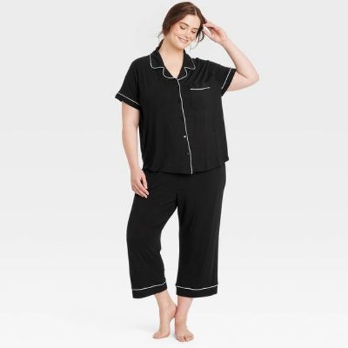 Women's Cloud Knit Short Sleeve Notch Collar Top and Cropped Pants Pajama Set - Auden™ Heathered Gray 1X: Modal-Spandex Blend