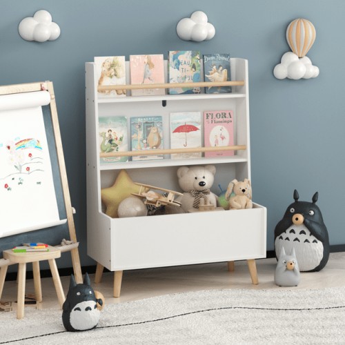 Kids Bookshelf, 3-Tier Book and Magazine Wooden Open Nursery Bookcase, Baby Book and Toy Storage Display Cabinet Organizer with Legs, for Children, Friends, Family, White