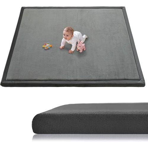Baby Play Mat for Floor, 1.3 Inch Thick Memory Foam Tummy Time Mat with Non Slip Backing, Soft Coral Velvet 50×50 Inch Playpen Mat Crawling Tatami for Infants Toddlers Kids, Beige