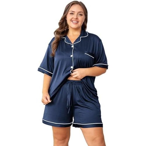 Vozanet Women's Plus Size Button Down Pajamas Soft Lounge Sets Shorts with Pockets Bride Nighty Solid Soft Pjs 1x to 5x