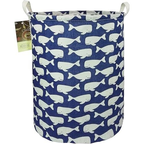 HUNRUNG Laundry Hamper,Large Canvas Fabric Lightweight Storage Basket Toy Organizer Dirty Clothes Collapsible Waterproof for College Dorms, Children Bedroom,Bathroom (Rould Blue Whale)