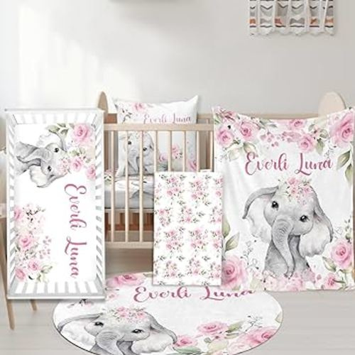 Custom Nursery Crib Bedding Set: Personalized Nursery Decor Baby Blanket Fitted Crib Sheet Changing Pad Cover Baby Room Rug Pink Rose Elephant Pattern Gift Idea(Fixed Size)