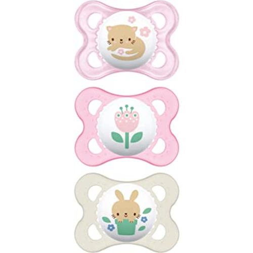 MAM Original Baby Pacifier, Nipple Shape Helps Promote Healthy Oral Development, Curved Shield to Protect Skin, 3 Pack, 0-6 Months, Clear/Girl