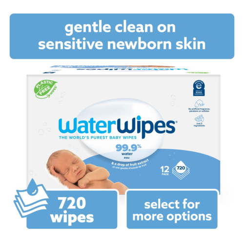 WaterWipes Original 99.9% Water Based Baby Wipes, Unscented, 12 Resealable Packs (720 Wipes)