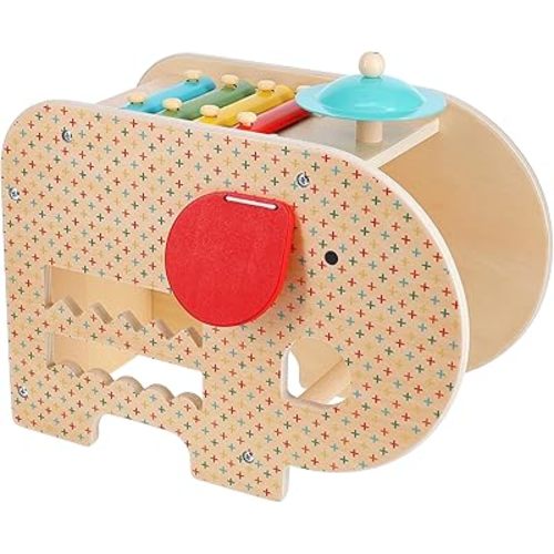 Petit Collage: Wooden 5-in-1 Elephant Music Toy - 5 Different Instruments - Sturdy Wood Construction, Non-Toxic and Safe for Kids, Ideal for Ages 3+
