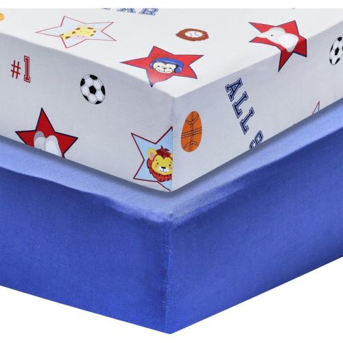 Everyday Kids 2-Pack Boys Crib Sheets, 100% Cotton, Fits Standard Crib 28x52, Giraffe, Elephants Sports & Solid Blue Designs