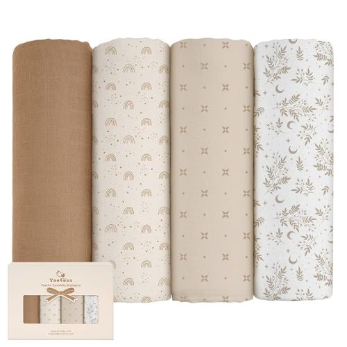 Yoofoss Muslin Swaddle Blankets, 4 Pack Receiving Blankets for Boys and Girls, 47 x 47 Inches Muslin Baby Blankets Soft Breathable - Brown