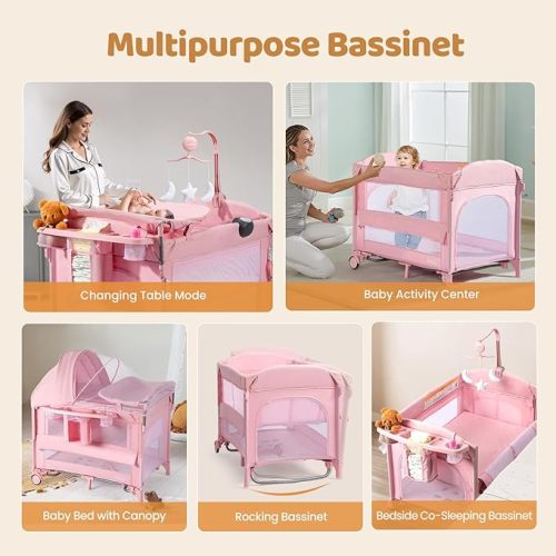 JOYMOR 9 in 1 Bedside Bassinet with Changing Table, Pack and Play with Bassinet, Convert to Rocking Baby Bed with Electric Music Center, Mosquito Net, Storage,Pink