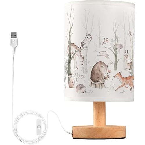 Woodland Animal Table Lamp with Wood Base and Fabric Shade for Bedside, Desk, Living Room, Bedroom, Kids Room, Office