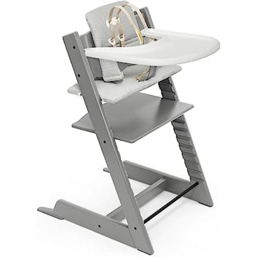 Tripp Trapp High Chair and Cushion with Stokke Tray - Storm Grey with Nordic Grey - Adjustable, Convertible, All-in-One High Chair for Babies & Toddlers