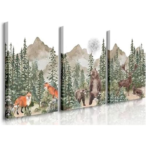 GUBIYU Woodland Animals Nursery Wall Art Prints Nursery Decor for Boys Girls Bedroom Playroom Decorative Forest Woodland Wall Decor Watercolor Woodland Nursery Painting for Kids Classroom 12"X16"