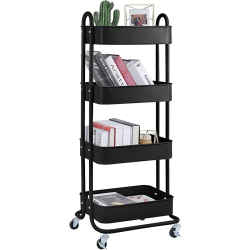 4-Tier Metal Mesh Utility Rolling Cart Storage Organizer Shelf Rack with Lockable Wheels for Living Room Kitchen Office, Black