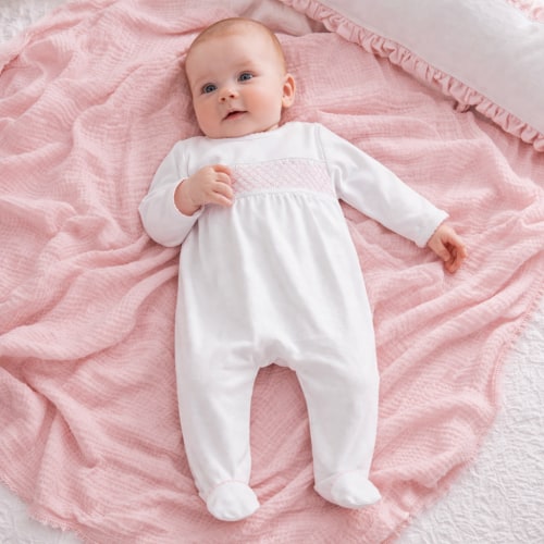 Essentials Smocked White Footie with Pink Trim, NB