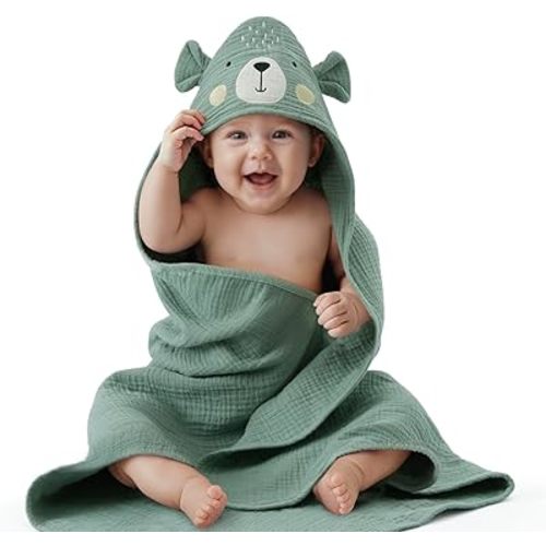 Blissful Diary Muslin Baby Hooded Towel, Soft and Absorbent Bath Towel for Newborn, Infant, Toddler, Unisex, 32″x32″ - Cute Bear