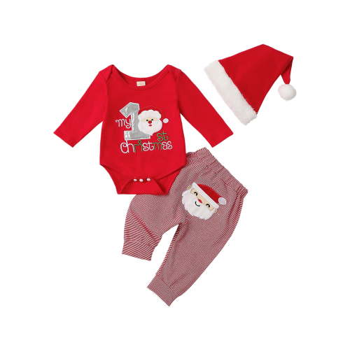 Jxzom My First Christmas Outfit Baby Girl Boy Santa Romper Long Sleeve Bodysuit and Long Pants with Santa Hat 3Pcs Clothes Set
