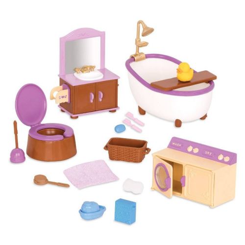 Li'l Woodzeez Miniature Furniture Playset 16pc - Bathroom & Laundry Set: Includes Pretend Housekeeping Accessories