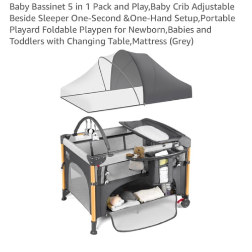 Baby Bassinet 5 in 1 Pack and Play,Baby Crib Adjustable Beside Sleeper One-Second &One-Hand Setup,Portable Playard Foldable Playpen for Newborn,Babies and Toddlers with Changing Table,Mattress (Grey)