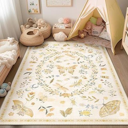 5x7 Butterfly Area Rugs for Living Room Low Pile Print Washable Rugs for Nursery Bedroom Colorful Insect Rugs Kids Room Soft Decor Water Repellent Non Slip Carpet Office LightYellow