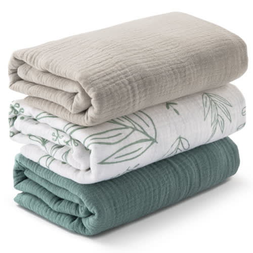 Gllquen Baby 3-Pack Muslin Organic Cotton Swaddle Blankets for Newborn Infant Boys Girls 38"x40", Eucalyptus
