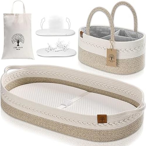 J&JOO Baby Changing Basket includes Diaper Caddy - Breathable & Waterproof Dual-Cover, Portable, Changing Pad for Dresser & Changing Table, Gift for Baby Shower, Cotton Rope Basket for Baby