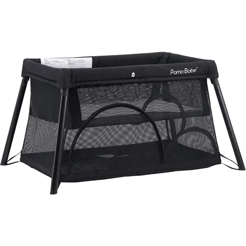 Pamo Babe Travel Crib, Portable Crib for Baby Lightweight Baby Travel Playpen, Foldable Travel Playard with Comfortable Mattress for Babies (Black)