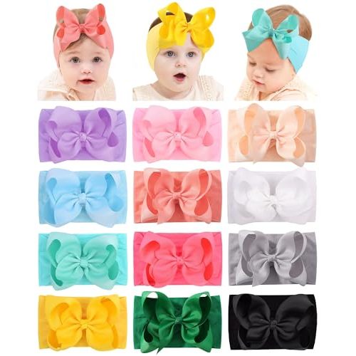doboi Baby Girl Headbands, 12pcs Nylon Headbands with Big Baby Bows, Hair Accessories for Infant Newborn Toddler