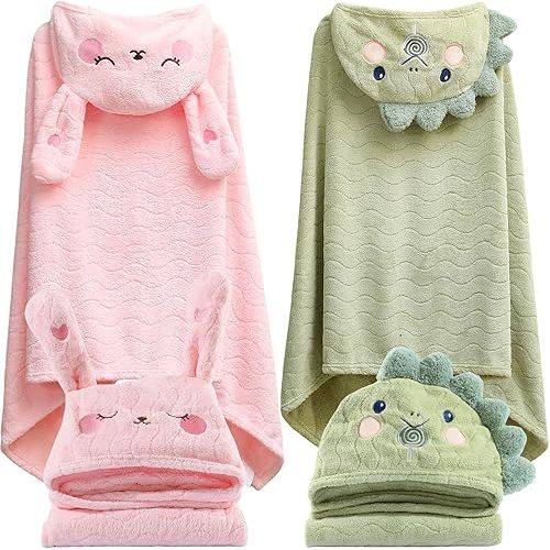 Hooded Towel for Kids, 2 Pack Ultra Soft Coral Fleece Kids Bath Towels, Absorbent Toddler Towels with Hood Age 0-10 Years for Infant, Kids - Large 27.5 X 55 inch (Pink Rabbit & Green Dinosaur)