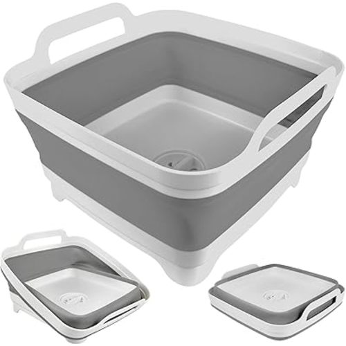 Collapsible Wash Basin with Drain Plug - 2.4 Gallon (9L) Portable Sink for RV Camping,Space-Saving Dish Pan and Wash Basin for Baby Bottles - Collapsible Dish Tub (Gray)