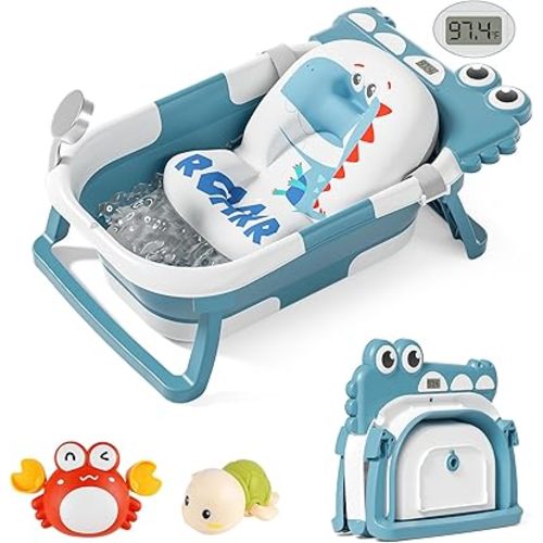 TPN Collapsible Baby Bathtub for Infants to Toddler with Real-time Temp Monitor+Floating Cushion,Foldable Baby Bath Tub Set Applicable 0-36 Month,Perfect Portable Travel Baby Tub for Newborns Boy