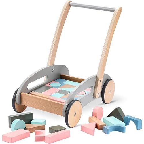 Childlike Behavior Premium Wooden Baby Push Walker with Wheels - Walker for Baby Boy & Girls - Push Toy with Building Blocks for Babies, Toddler Kids - Car Cart Learning Step Walking Activity Indoor
