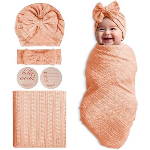 Golener Muslin Swaddle Blankets - Sleepea Swaddle with Bow Headbands, Hats Set and Newborn Name Announcement Card, Stretchy Baby Blankets for Girls&Boys Unisex, Perfect for Newborn Photos (Peach)