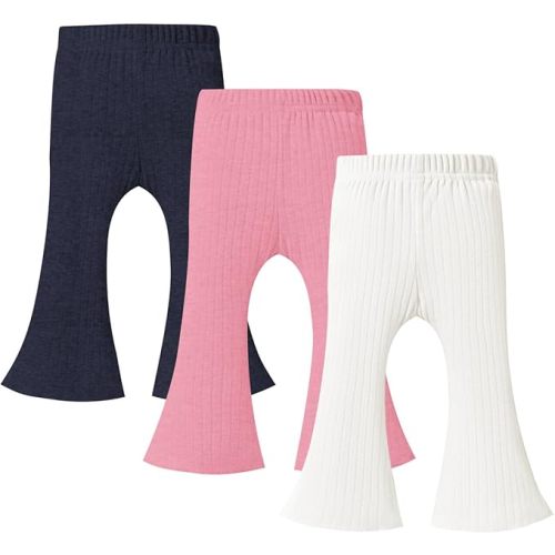 3 Pack Baby Girls Pants Solid Ruffled Ribbed Toddler Flared Pants Newborn Bell Bottoms Infant Leggings