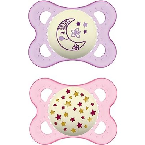 MAM Night Pacifiers (2 Pack, 1 Sterilizing Pacifier Case), MAM Pacifiers 0-6 Months, Best Pacifier for Breastfed Babies, Glow in the Dark Pacifier, Baby Girl Pacifier