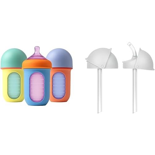 Boon Nursh Reusable Baby Bottle with Silicone Pouch Design Bundle - Stage 2 Medium Flow 8 Oz Baby Bottles, Silicone Straw Sippy Cup Conversion Lids for Nursh Bottles - 2 Count