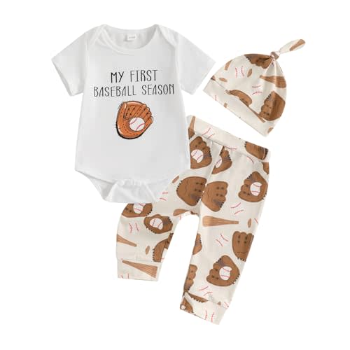 Mobbdow My First Baseball Season Baby Boy Outfit Newborn Letter Print Short Sleeve Romper Baseball Pants Hat 3Pcs Outfits Set
