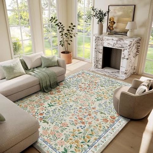 Machine Washable Rugs for Living Room: 6x9 Area Rugs for Bedroom Vintage Stain Resistant Non Slip Low Pile Lightweight Soft Carpet for Dining Room Kitchen Farmhouse Kids Room Nursery Indoor