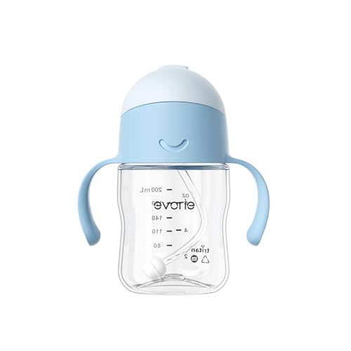 Evorie Tritan Baby Sippy Cup Weighted Gravity Straw Toddler Beginner Training Bottle, 7 Oz Leakproof Award Winning Infant Water Bottle with Handles for 6 months above