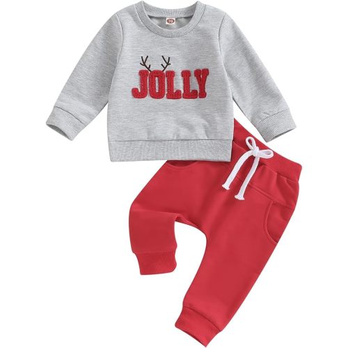 Baby Boy Girl Christmas Pants Outfits Long Shirts Santa Sweatshirt Pants Infant Xmas Fall Christmas Clothes Set - 6-12 Months - Grey-j