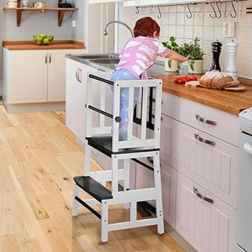 COSYLAND Kids Kitchen Step Stool, Toddler Standing Tower with CPC & FSC Certification, Removable Anti-Drop Railing Safety Rail Enjoys Unique Patented Design A Anti-tip Stable Structure Black & White