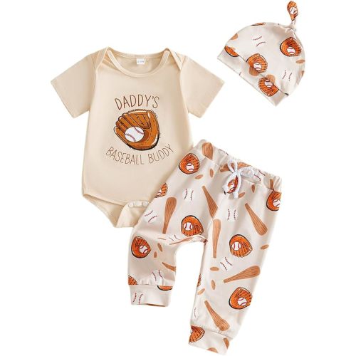 Baby Boy Baseball Outfits Short Sleeve Daddys Baseball Buddy Romper Long Pants Hat 3pcs Newborn Summer Clothes Set