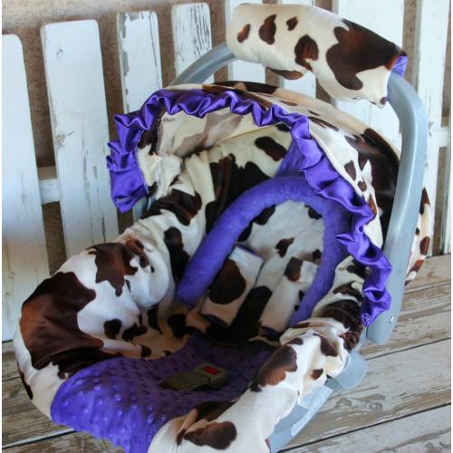 baby car seat cover and hood cover brown cow with purple Minky head headrest strap covers handle cushion