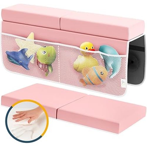 Memory Foam Bath Kneeler and Elbow Rest Pad Set, 2-Inch Thick, Water-Resistant Mat – Baby Bath Time Essentials Cushion and Bath Kneeling Pad for Bathing Baby with Bathtub Toy Organizer (Pink)