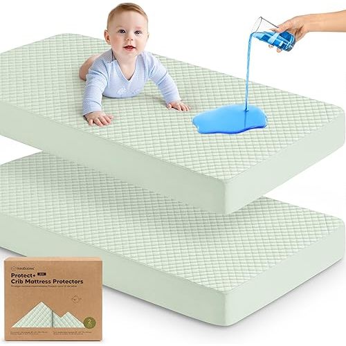 Waterproof Crib Mattress Protector Cover Fitted - 2-Pack Quiet Baby Mattress Topper Crib Sheets, 52" x 28" Quilted Cotton Toddler Baby Pad Sheet Liner, Easy Fit, Durable (Aloe)